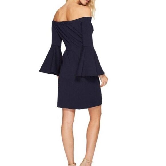TRINA TURK MILEY OFF THE SHOULDER BELL SLEEVE DRESS NAVY SZ 6 NWT (4625) - Picture 1 of 8